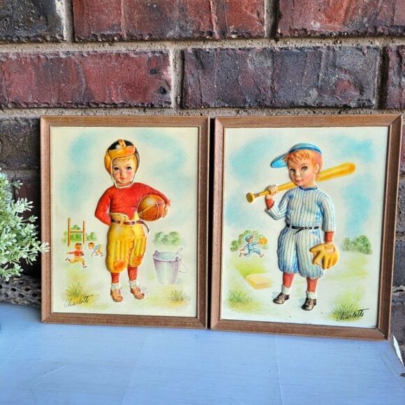 Other - Pair of 1950's Metalcraft Framed 3D Baseball & Football Prints ⚾ 🏈